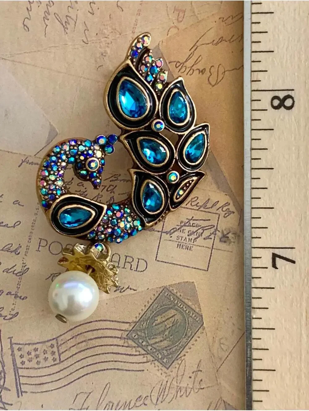Aurora Borealis Rhinestone Peacock Bird Earrings Teal Teardrop Pearl Dangle